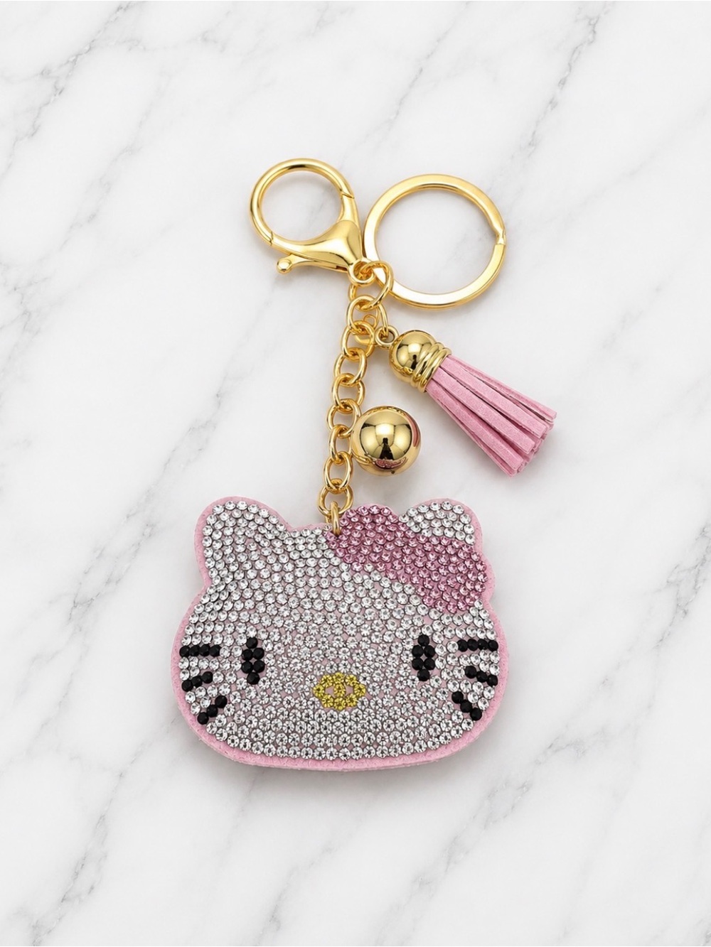 Pink Rhinestone Hello Kitty Bag Charm/Keyring with Tassel-Gold Hardware